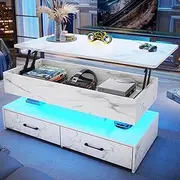 SEDETA 40" Lift Top Coffee Table, Coffee Tables with Storage for Living Room, Small Coffee Table with 2 Fabric Drawers & LED Light for Dining Reception Room, White Marble