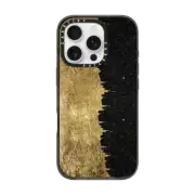 iPhone 16 Pro Impact Case MagSafe Compatible Faux Gold Brushstrokes & Majestic Black & White Starry Nebula Night