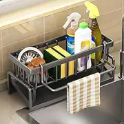 Slope Sink Drain Rack, Stainless Steel Kitchen Sink Caddy Organzier, with Dishcloth Hanger Drying Rack, 4In1 Stainless Countertop Sponge Holder, Keep Your Kitchen Clean (ABS Black)