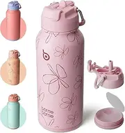 BOTTLE BOTTLE 32 oz Insulated Water Bottle Stainless Steel Sport Water Bottle with Straw Dual-use Lid Design for Gym with Pill Box (pink flower)