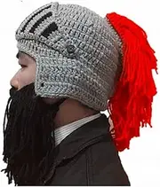 [BIBITIME] Cosplay Roman Knight Knitted Helmet with Beard Tassel Hat Visor Beanie Mask Winter Ski Sports Warmer Cap