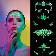 4 Pack Night Luminous Face Gems Stickers Glow in Dark Face Jewels Fluorescent Face Tattoo Self Adhesive Crystals Rhinestone Sticker for Halloween DIY Makeup Night Music Club Festival Party Carnival