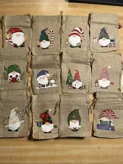 Christmas Burlap Gift Bags with Drawstrings 24Pcs, 12 Designs Reusable Santa
