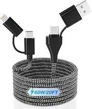 60W 4-in-1 USB C Cable Lightning Cable, 20FT/6M [Fast Charging & Data Sync] Long Nylon Braided Multi iPhone Charger Cord Lightning/Type C/USB A for iPhone 15 Pro Max/14/13/Samsung Galaxy/iPad/MacBook