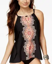 Miraclesuit Women's Mandala Peephole High Neck Tankini Top Black 10