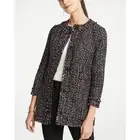 Ann Taylor Long Tweed Jacket Wool Blend Snap Button Fringe Trim Blazer Coat