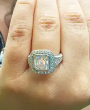 14k Solid White Gold Asscher Moissanite Engagement Ring Halo Bezel Set 3.70ctw
