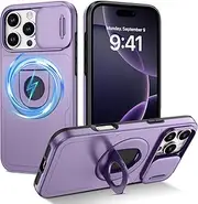 DOMAVER for iPhone 16 Pro Max Case with Magnetic Rotatable Kickstand & Slide Camera Cover, [Compatible with MagSafe], Heavy Duty Shockproof Case for iPhone 16 Pro Max 6.9", Purple