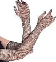 [Generic] Women Rhinestone Fishnet Long Gloves Mesh Sparkly Glitter Fashion Opera Gloves For Party Halloween Costumes Accessories