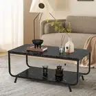 Marble Coffee Table, 2-Tier Faux Marble Top Coffee Table w/Metal Frame