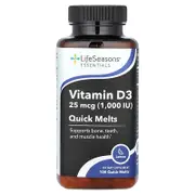LifeSeasons, Essentials, Vitamin D3, Lemon, 25 mcg (1,000 IU), 100 Quick Melts