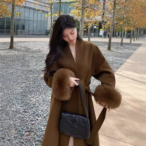 Double Sided Wool Coat Women Winter Fox Fur Long Hooded Fur Cuffs Leather Jacket