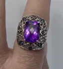 Sterling Silver Checkerboard Cut Amethyst & Blue Sapphire Ring Size 9