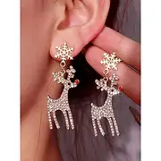 Festive Christmas Reindeer Drop Earrings – Sparkling Rhinestone Snowflake and Reindeer Design, Holiday Jewelry for Women