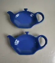 New Le Creuset Classic Teapot Shaped Teabag Holder Cobalt Blue Dish PAIR 2Pc SET