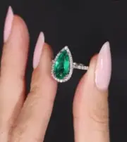 2.Ct Pear Natural emerald Zambia diamond Ring 14K solid white gold