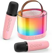 JYX Mini Karaoke Machine for Kids Adults, Portable Bluetooth Speaker with 2 Microphones, Support TF/AUX Input/Funny Magic Voice, Gifts for Birthday Party (Pink-2MIC)