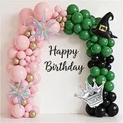 Dark Green and Pink Balloons Arch Set for Wicked-Themed Party, 160Pcs Dark Green, Baby Pink, Black, Gold, Clear Bobo, Witch Hat, Crown, and Exploding Star Balloons Kits for Birthday Decoration