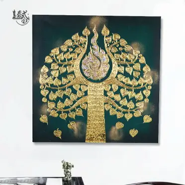 泰國手繪菩提樹現代裝飾畫泰式會所墻面招財樹金箔畫創意墻飾掛畫| 協貿