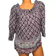 Skies Are Blue Blouse Womens Multicolor Printed Smocked Rayon Top Size L