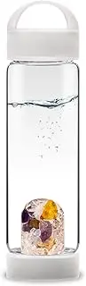 VitaJuwel ViA Prana White Yoga Water Bottle with Amethyst, Petrified Wood, Chalcedony, Amber & Rock Crystal for Mindfulness, Inner Balance & Vitality