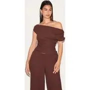 Chocolate Textured Asymmetric Off Shoulder Top, Chocolate