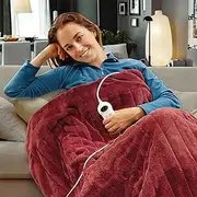 [SOQ] Electric Heated Throw Rug Snuggle Blanket 9 Smart Heat Settings Timer Control Washable Fleece Winter Snuggle Blanket,160 x130cm (Burgundy)