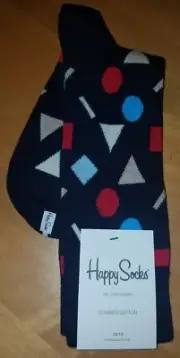 HAPPY SOCKS Mens Navy Socks W/Multicolor Geometric Shapes Size 10-13