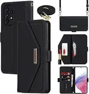 [Cavor] Crossbody Wallet Case for Samsung Galaxy A53 5G Case Flip Cover Magnetic Leather Women Handbag Card Slots Holder Zipper Kickstand Purse with Detachable Shoulder Necklace Lanyard Strap-Black