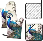 4 pcs Oven Mitts and Pot Holders Set 500°F Heat Resistant Oven Gloves and Hot Pads Kitchen Mittens Peacock Floral Cooking Gloves Potholders for Baking Grilling