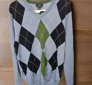 NWT Brooks Brothers Mens 346 Blue Argyle Merino Wool V-Neck Pullover Sweater M