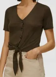 $398 Whistles Womens Green V-Neck Short-Sleeve Linen Button Front Tie Top Size M