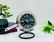 Vintage 1960s Mid Century Modern French 4 Clock With Black Stand Silver Metalli