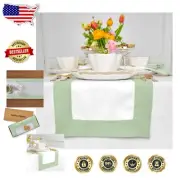 Elegant 108-Inch Pure Linen Table Runner in Light Green & White for Celebrations