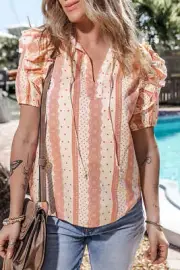 I AM A FASHION JUNKY Red Frilled Short Puff Sleeve Mixed Print Blouse