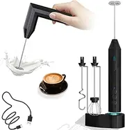 Milk Frother Rechargeable - Handheld Drink Mixer Wand - Electric Whisk Foam Maker with Charging Base & 3 Detachable Heads & Stand for Coffee Egg Black