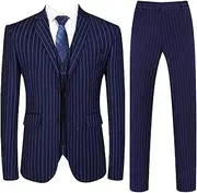 [MOGU] Mens 3 Piece Pinstripe Suit Slim Fit Casual Dress Suits Blazer + Vest + Pants