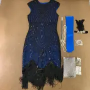 Women's Medium Blue Black Sequin Fringe Flapper Dress & Accessories 9 Pieces New