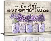 Farmhouse Lavender Bathroom Flower Decor Wall Art Be Still and Know That I Am God Rustic Floral Purple Pictures Wall Decor Christian Religion Canvas Painting Prints Artwork Framed for Bedroom 20"x16"