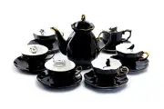 Potter's Studio Black Gold Teapot + 6 Assorted Halloween Tea Cup & Saucer Sets