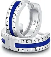 [Amavive] Men Earrings Viking Rune Hoop Celtic Earring for Women Punk 16mm 925 Sterling Silver Huggie Black Blue Hoop Earrings Norse Viking Jewelry Gifts