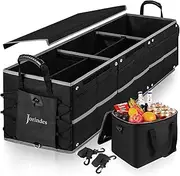 Collapsible Trunk Organizer for Car with Insulated Leak proof Cooler Bag, 3 Compartments SUV Cargo Organizer Removable Dividers, 5 in1 Car Storage Organizer with Foldable Lid,2 Tie-Down Straps(Black)