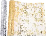 COLLBATH 2pcs Decorative Tulle Tablecloths Sheer Long Table Runners for Wedding Party and DIY Decor Gold and Silver for Dining Tables and Events