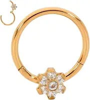 [365 Sleepers] 316L Surgical Steel 16G Unisex Gem Flower Hinged Hoop Segment Nose Ring Helix Tragus Septum Earring Body Piercing Jewelry