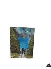 Watercolor ACEO Original Painting Mini 2.5x3.5 Abstract Sky Spruce Trees Couple