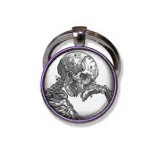 Thinking Gothic Skeleton - Handmade ROUND Glass Pendant Keychain KEY RING