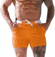 [Aosufei] Men's Stretchy Slim Fit Sports Shorts Lightweight Solid Drawstring Shorts Breathable Casual Swimming Shorts