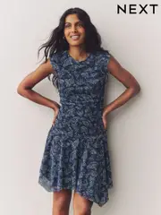 Blue Paisly Print Mesh Asymetric Short Sleeve Mini Dress (AM5634) | $56
