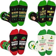 [Arsemica] Buddy The Elf Merchandise Gifts, Funny Christmas Socks for Women Men, 4 Pairs Elf Winter Warm Knitted Socks Costume Accessories, Novelty White Elephant Gifts for Christmas Stocking Stuffers,