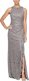 [Alex Evenings] Women's Long Sleeveless Mother of The Bride Dress W/Cascade Ruffle & Front Slit (Petite and Regular Sizes)